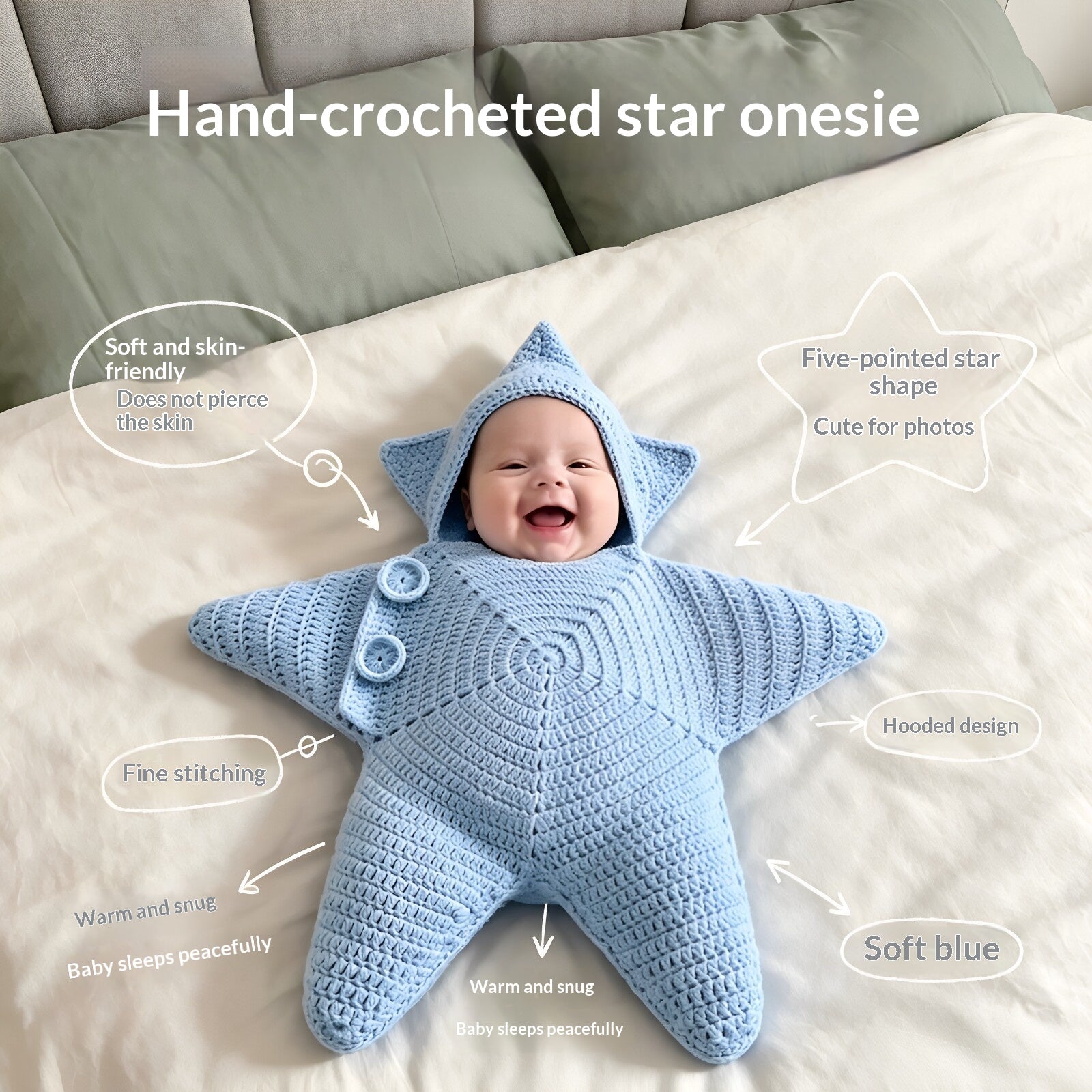 Crocheted Star-shaped Bodysuit Starfish Baby Sleeping Bag Newborn Baby Boy Girl Kids Cartoon Hooded Romper Jumpsuit Bodysuit Clothes Outfits Long Sleeve Playsuit Toddler One Piece Outfit